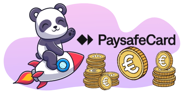 Eine Panda-Cartoonfigur reitet auf einer Rakete in Richtung Stapel von Euro-Münzen, mit dem „PaysafeCard“-Logo sichtbar.