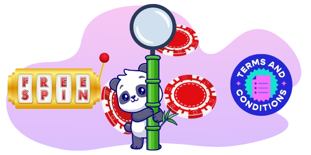 Ein Panda mit einer Lupe inspiziert Casino-Chips in der Nähe eines Spielautomaten, auf dem 'FREE SPIN' angezeigt wird.