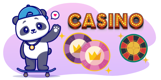 Ein Panda-Cartoon-Charakter mit einer Mütze und einer Halskette steht auf einem Skateboard und winkt, während hinter ihm das Wort "CASINO" auf einem großen, beleuchteten Schild erscheint, umgeben von Casino-Chips und einem Roulette-Rad.