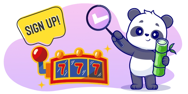 Ein süßer Panda hält eine Lupe mit einem Häkchen und steht neben einem Spielautomaten mit der Anzeige 777 und einem "SIGN UP!"-Button, was auf seriöse Online-Casinos hinweist.