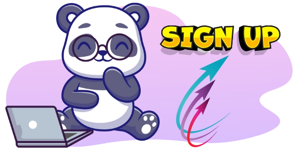 Ein Cartoon-Panda mit Brille sitzt mit einem Laptop und blickt auf eine „SIGN UP“-Nachricht mit nach oben zeigenden Pfeilen.