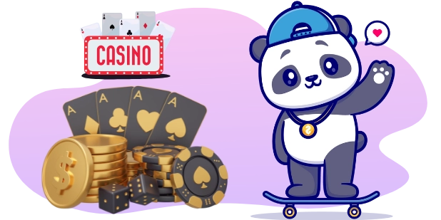 Das Bild ist ein Werbeposter für ein Casino und zeigt einen Cartoon-Panda, der einen Glücksbringer hält, vor einem Hintergrund aus Spielkarten, Würfeln und einem Spielautomaten.