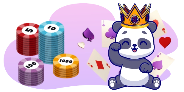 Eine Panda-Cartoonfigur mit einer Krone sitzt neben Stapeln von Casino-Chips und Spielkarten.