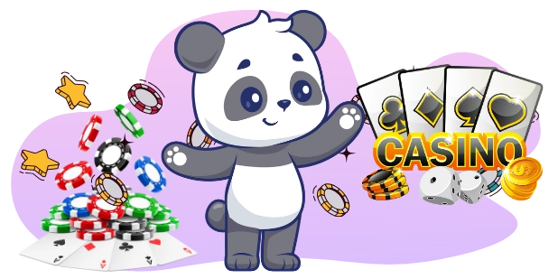 Eine fröhliche Panda-Cartoonfigur hält einen Stapel Spielkarten, umgeben von Casino-Chips, Würfeln und dem Wort „CASINO“.