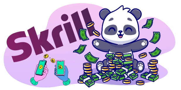 Eine fröhliche Panda-Cartoonfigur sitzt auf einem Stapel Geld, mit dem Skrill-Logo gut sichtbar, umgeben von Münzen und Banknoten.