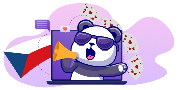 Ein Panda-Cartoon-Charakter mit Sonnenbrille schreit durch ein Megaphon aus dem Laptop-Bildschirm, im Hintergrund sind die tschechische Flagge, Spielkarten und Sprechblasen zu sehen.