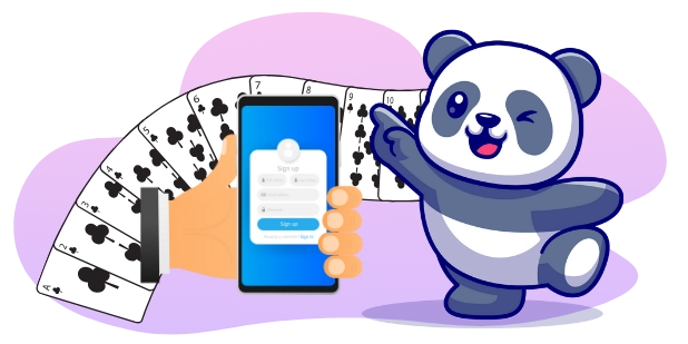 Eine fröhliche Panda-Cartoonfigur zeigt auf ein Smartphone, das eine Registrierungsseite anzeigt, während im Hintergrund eine Hand einen Fächer aus Spielkarten hält.