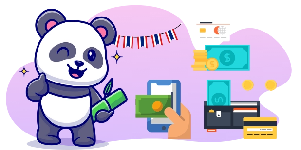 Ein Cartoon-Panda gibt einen Daumen hoch, während er einen Bambusspross hält, mit Kreditkarten, Bargeld und einem Smartphone mit einer Zahlungs-App im Hintergrund, was auf verschiedene Zahlungsmethoden hinweist.