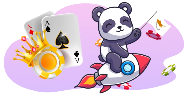 Ein Cartoon-Panda reitet auf einer Rakete und hält die Flagge von Zypern, neben Spielkarten, einer Krone und Pokerchips, was auf ein schnelles und aufregendes Online-Glücksspielerlebnis in Zypern hinweist.