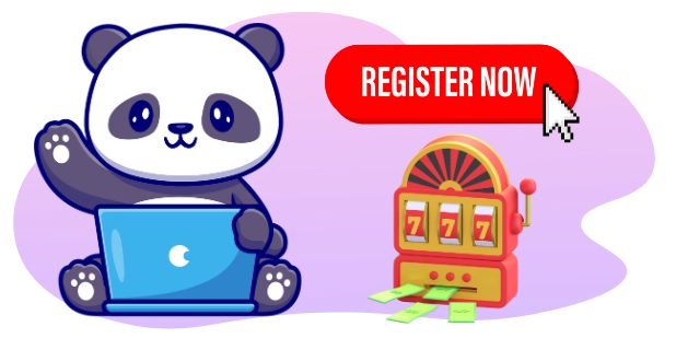 Ein Cartoon-Panda, der einen Laptop benutzt, auf dem ein Spielautomaten mit den Zahlen 777 und herausfallendem Geld zu sehen ist. Ein rotes Button zeigt „REGISTER NOW“ und ein Mauszeiger schwebt darüber.