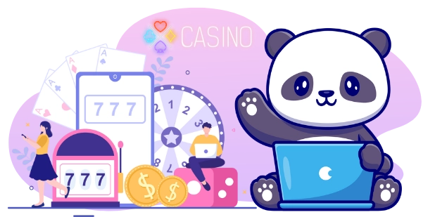 Eine Panda-Cartoonfigur benutzt einen Laptop, umgeben von Menschen, die Casino-Spiele auf ihren Handys und Laptops spielen, mit dem Wort „CASINO“ angezeigt.