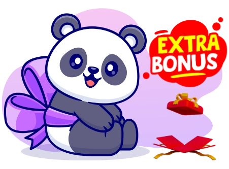 Ein Cartoon-Panda sitzt mit einer lila Schleife umgebunden und schaut auf eine Geschenkbox, über der „EXTRA BONUS“ geschrieben steht.