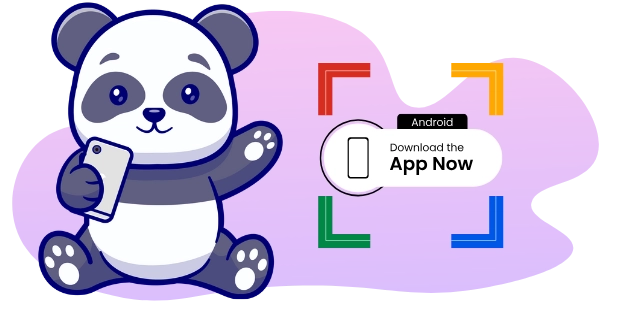 A cartoon panda looking at a smartphone with a callout inviting users to "Download the App Now" on Android devices.