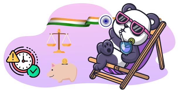 Eine entspannte Panda-Cartoonfigur mit Sonnenbrille trinkt einen Cocktail auf einem Strandstuhl, mit der indischen Flagge, einer Waage, einer Uhr mit einem Häkchen und einem Sparschwein im Hintergrund.