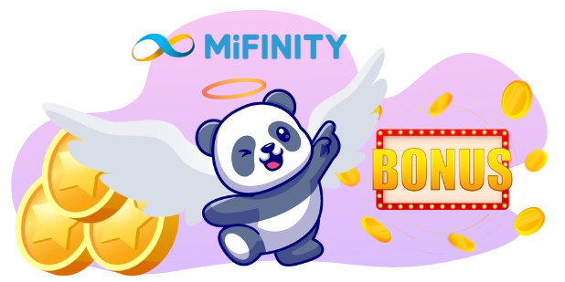 Eine Panda-Cartoonfigur mit Engelsflügeln zeigt auf ein „BONUS“-Schild, umgeben von Münzen und dem „MiFinity“-Logo.