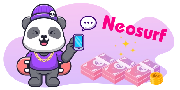 Eine coole Panda-Cartoonfigur mit einem Skateboard und einem Handy chattet mit einer Sprechblase, während sie neben Geldstapeln und dem „Neosurf“-Logo steht.