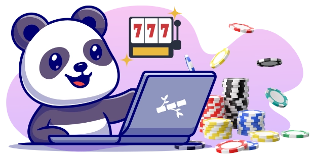 Ein Cartoon-Panda sitzt an einem Laptop, auf dessen Bildschirm ein Spielautomaten mit "777" angezeigt wird, während Pokerchips verstreut herumliegen, was auf Online-Casino-Spiele hinweist.