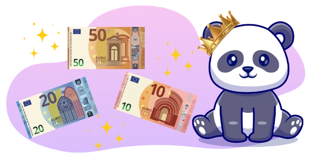 Eine Panda-Cartoonfigur mit einer Krone sitzt neben 50-, 20- und 10-Euro-Banknoten.