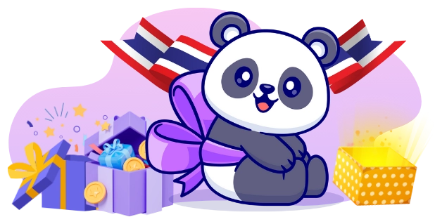 Ein fröhlicher Cartoon-Panda sitzt neben offenen Geschenkboxen, die mit Münzen gefüllt sind, mit der thailändischen Flagge im Hintergrund, was auf Boni und Belohnungen für Spieler aus Thailand hinweist.