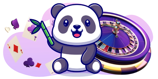 Ein fröhlicher Panda-Cartoon-Charakter hält einen Bambusstab und sitzt neben einem Roulette-Rad und Spielkarten.