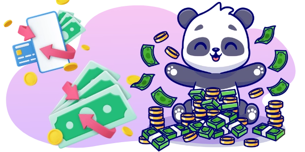 Ein Cartoon-Panda, der lächelt und von Stapeln aus Bargeld und Münzen umgeben ist, mit Pfeilen, die auf ihn zeigen, was darauf hindeutet, dass er Geld oder eine finanzielle Belohnung erhält.