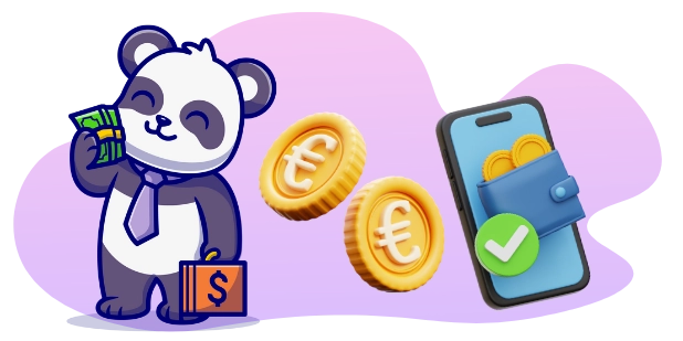 Eine Panda-Cartoonfigur im Anzug hält Geld, steht neben Euro-Münzen und einem Smartphone mit einer Geldbörse und einem Häkchen.