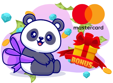 Eine fröhliche Panda-Cartoonfigur mit einer Schleife sitzt neben einer Geschenkbox mit dem Wort „BONUS“ und dem Mastercard-Logo, umgeben von Diamanten und Geld.