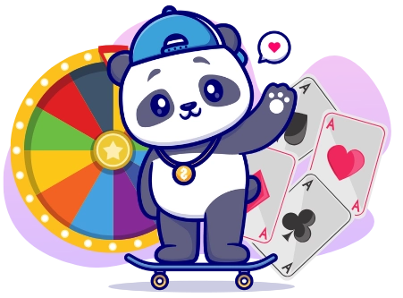 Ein cooler Panda trägt eine Kappe und eine goldene Kette, fährt Skateboard, während im Hintergrund Spielkarten und ein Glücksrad zu sehen sind.