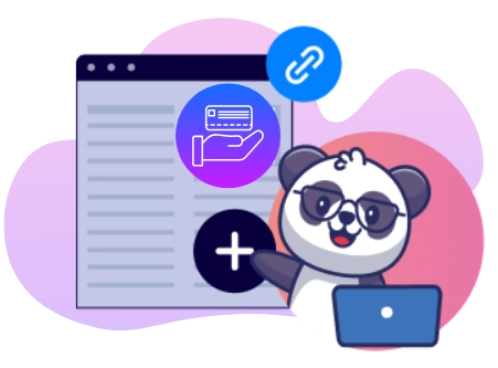 Ein Cartoon-Panda mit Brille arbeitet an einem Laptop, während eine Website-Mockup eine Kreditkarte und ein Pluszeichen zeigt, zusammen mit einem Link-Icon.