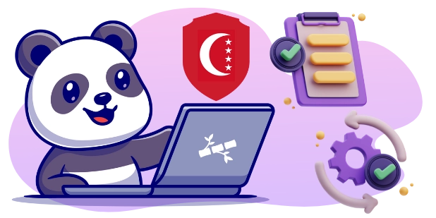 Ein Panda arbeitet effizient an einem Laptop, auf dessen Bildschirm die Anjouan-Flagge sowie Symbole für Sicherheit und Optimierung zu sehen sind.