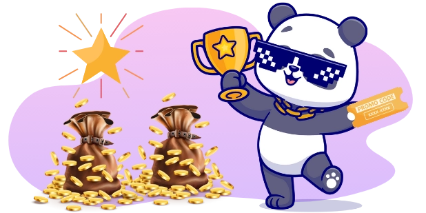 Ein cooler Panda mit Sonnenbrille und Goldkette hält einen Pokal, umgeben von Geldsäcken, die vor Münzen überquellen, und einem "PROMO CODE"-Ticket, was auf Online-Casino-Promotions und Boni hinweist.