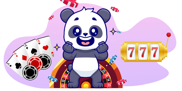 Ein niedlicher Panda, der mit Spielkarten, einem Roulette-Rad und einem Spielautomaten mit der Zahl 777 feiert, was auf den Fokus auf Online-Casino-Spiele hinweist.