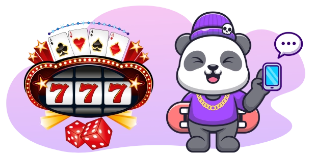 Ein Cartoon-Panda trägt eine Mütze und hält ein Handy, während er neben einem Spielautomaten steht, der "777" anzeigt, umgeben von Spielkarten und Würfeln, was auf spannende Online-Casino-Spiele auf mobilen Geräten hinweist.