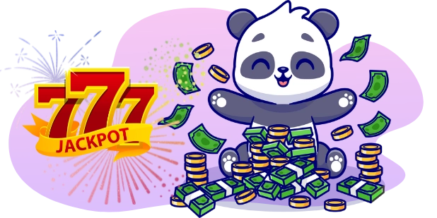 Eine fröhliche Panda-Cartoonfigur sitzt auf einem Stapel Geld, während im Hintergrund Feuerwerke explodieren und ein „JACKPOT 777“-Schild darüber prangt.