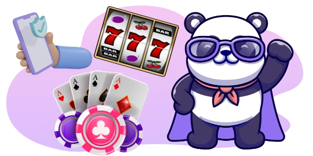 Eine coole Panda-Cartoonfigur mit Sonnenbrille und Umhang winkt, während ein Smartphone ein sicheres Schlosssymbol zeigt, umgeben von Spielkarten, Casino-Chips und einem Spielautomaten mit drei Siebenern.