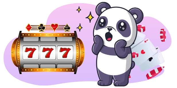 Ein überraschter Cartoon-Panda mit der Hand an seiner Wange reagiert auf einen Spielautomaten, der „777“ und Spielkartensymbole anzeigt, mit Spielkarten und Pokerchips im Hintergrund.