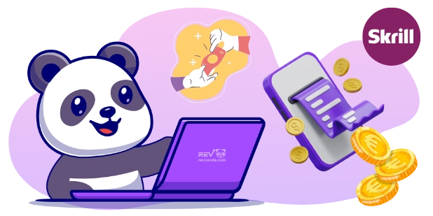 Eine fröhliche Panda-Cartoonfigur benutzt einen Laptop, während ein Smartphone einen Beleg und Münzen zeigt, und eine Hand ein Münze übergibt, was auf einfache und schnelle Zahlungen mit Skrill hinweist.