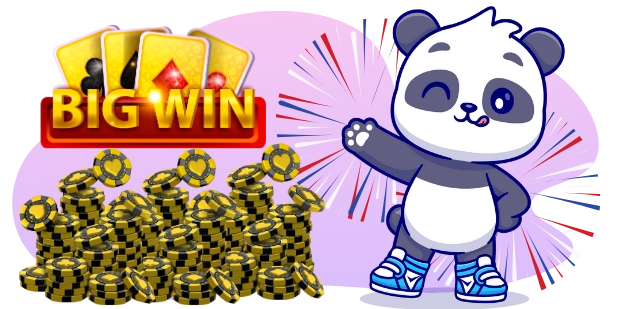 Ein Panda-Cartoon-Charakter feiert einen großen Gewinn mit Feuerwerkskörpern, umgeben von Spielkarten und Stapeln von Casino-Chips.