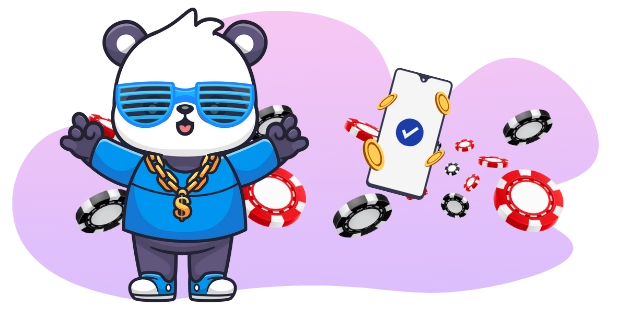 Eine coole Panda-Cartoonfigur mit Sonnenbrille und einer goldenen Kette steht mitten in einem Regen aus fallenden Münzen und Casino-Chips, mit einem Smartphone, das ein Häkchen im Hintergrund zeigt.