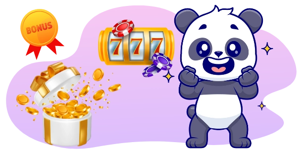 Ein Cartoon-Panda feiert mit erhobenen Armen, steht neben einem Spielautomaten, der "777" anzeigt, mit einer Geschenkschachtel, die vor Goldmünzen überquillt, und einer "BONUS"-Medaille im Hintergrund, was auf einen großen Gewinn und aufregende Belohnungen hinweist.