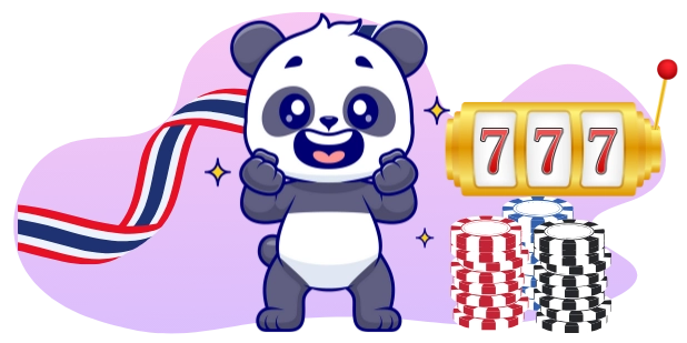 Ein fröhlicher Cartoon-Panda ballt begeistert die Fäuste, mit der thailändischen Flagge und einem Spielautomaten, der "777" anzeigt, sowie einem Stapel Pokerchips, was auf einen großen Gewinn und viel Glück hinweist.