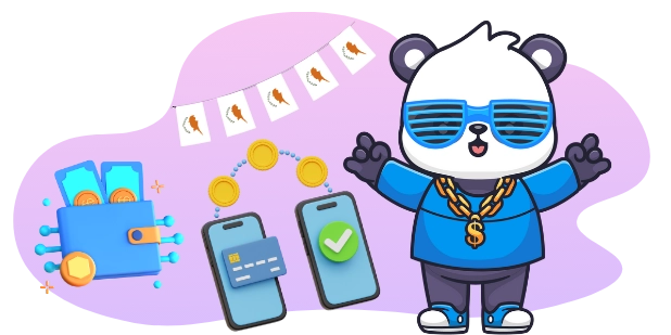 Ein Cartoon-Panda mit Sonnenbrille und einer goldenen Kette tanzt, während Smartphones, eine Geldbörse und Münzen durch Linien verbunden sind, was auf schnelle und einfache Online-Transaktionen hinweist.