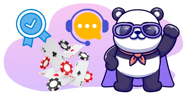 Ein Superhelden-Panda-Cartoon-Charakter mit Sonnenbrille winkt und steht neben einem Häkchen-Abzeichen, einer Sprechblase mit einem Headset sowie Spielkarten und Casino-Chips.