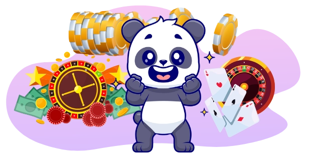 Eine fröhliche Panda-Cartoonfigur feiert mit erhobenen Armen, umgeben von Casino-Elementen wie einem Rouletterad, Spielkarten, Chips und Geld.