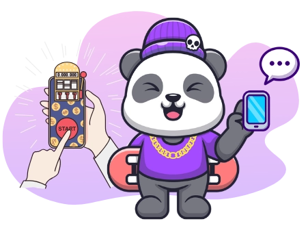 Eine coole Panda-Cartoonfigur mit einer Mütze hält ein Handy und steht neben einer Hand, die den „START“-Knopf auf einer Spielautomaten-App drückt.