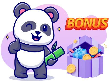 Ein süßer Panda hält einen Bambusspross und zeigt einen Daumen hoch, neben einer Geschenkbox voller Münzen und dem Wort 'BONUS'.