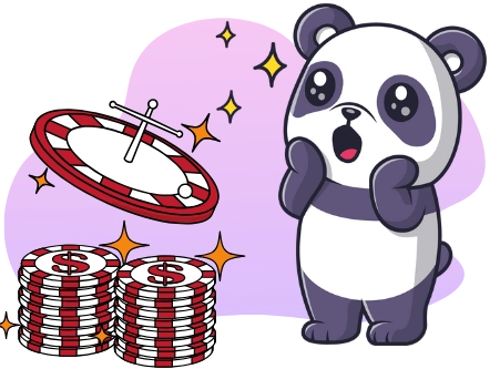 Ein Cartoon-Panda mit weit aufgerissenen Augen schaut zu, wie ein Roulette-Rad sich dreht. Ein Stapel Münzen liegt vor ihm.