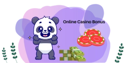 Ein niedlicher Pandabär lächelt und freut sich. Neben ihm liegen Geldstapel und Spielchips. Der Text "Online Casino Bonus" ist sichtbar.