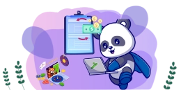 Ein Cartoon-Panda mit blauem Umhang steht selbstbewusst da und hält einen Laptop in der Hand. Im Hintergrund sind ein Laptop-Bildschirm mit Online-Casino-Spielen, ein Rouletterad und ein Stapel Münzen zu sehen.