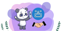 Ein Cartoon-Panda hält ein Smartphone und schaut auf ein Klemmbrett mit einer Checkliste. Auf der rechten Seite des Klemmbretts befindet sich ein Handschlagsymbol.